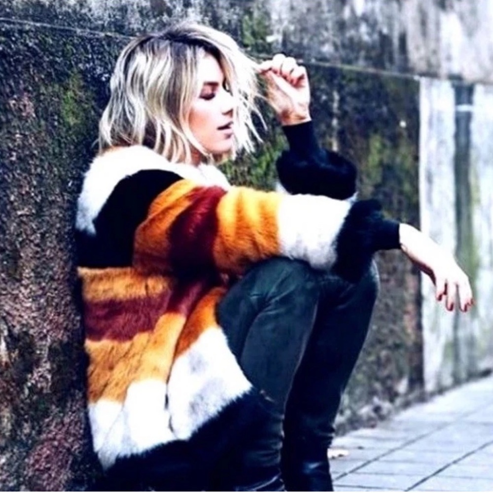 ZARA MULTICOLOR STRIPED FAUX FUR JACKET XS